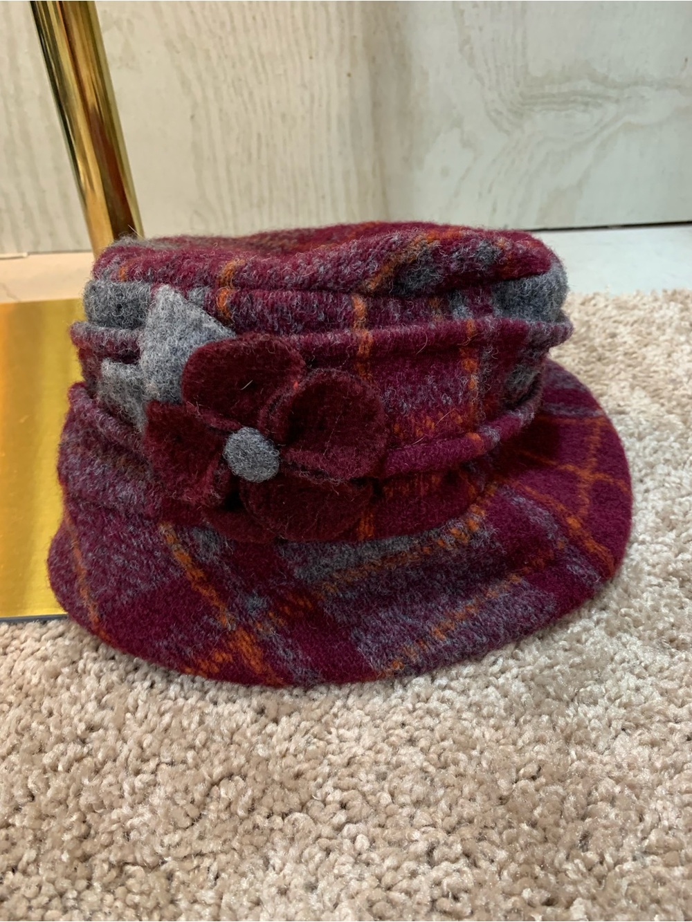 Wool Flower Accent Cloche Hat in Burgundy and Gray